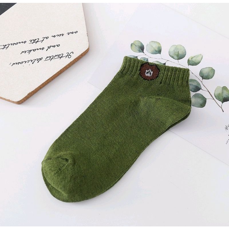 [ COD ] KAOS KAKI BROWN FASHION WANITA - KAOS KAKI ANKLE MOTIF BERUANG LUCU / KAOS KAKI PENDEK CEWEK-Hijau Botol