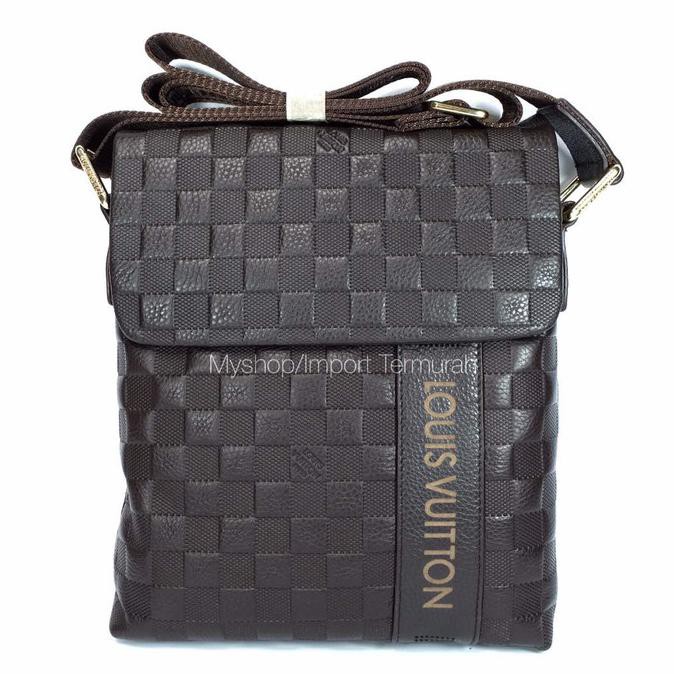 TAS SELEMPANG KULIT ASLI PRIA COWO BRANDED IMPORT LV LT505 BROWN