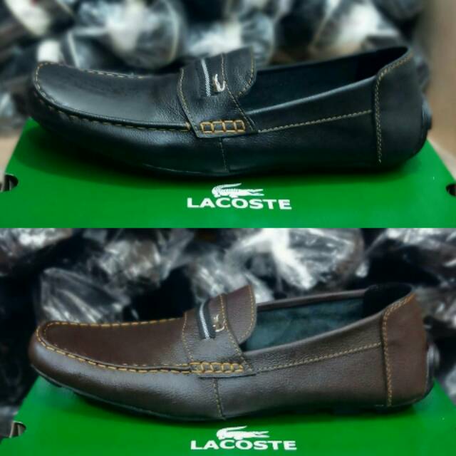 Sepatu pria kulit mocasin Lacoste slip on rajut kulit