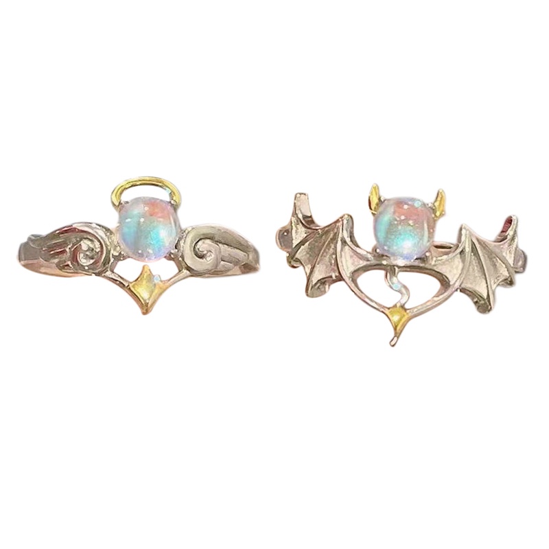 Cincin Model Terbuka Adjustable Desain Angel Devil Moonstone Warna Silver Untuk Pria Dan Wanita