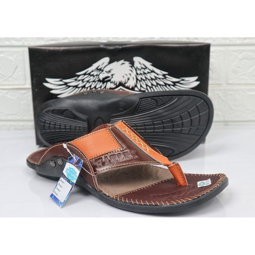 Terbaru Sandal Pria Kulit Sapi Asli Harley Davidson Real Leather Cow Sendal Jepit Rempel Casual Pria