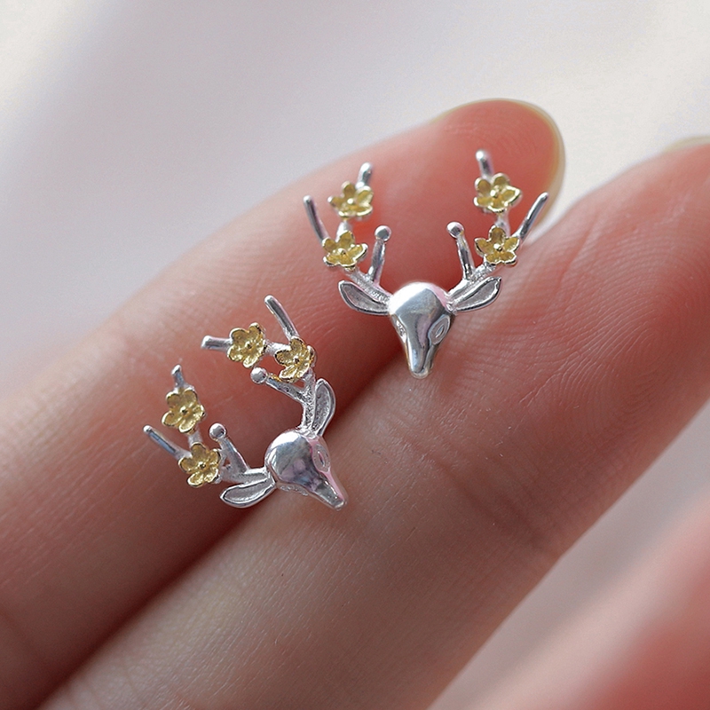 Anting Bunga Rusa Lucu Cute Deer Flower Stud Earrings for Women Silver Jewelry Fashion Tiny Charm Party Earring