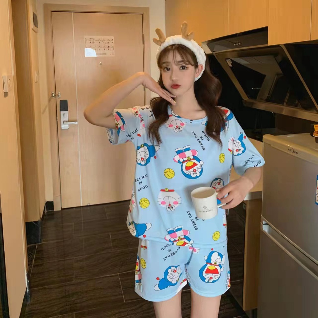 Piyama Baju Tidur Import Wanita Fashion Sleepwear Spandex Stelan Rumah Baju Santai Celana Pendek z-HP-Doraemon Biru