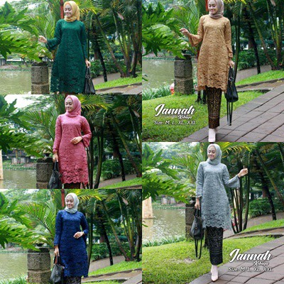 Kebaya Brukat Set Tunik Panjang Hijau Botol Dan Grey