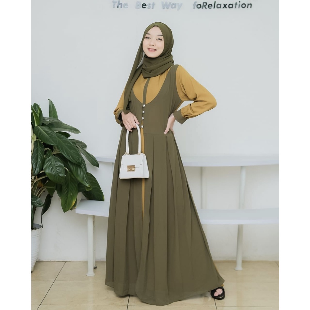 Gamis narnia itycrepe mix ceruty layer modern maxidress syari busana muslim wanita fashion ootd fashionable muslimah terbaru modis kondangan lebaran hits selebgram free ongkir reseller dropshiper