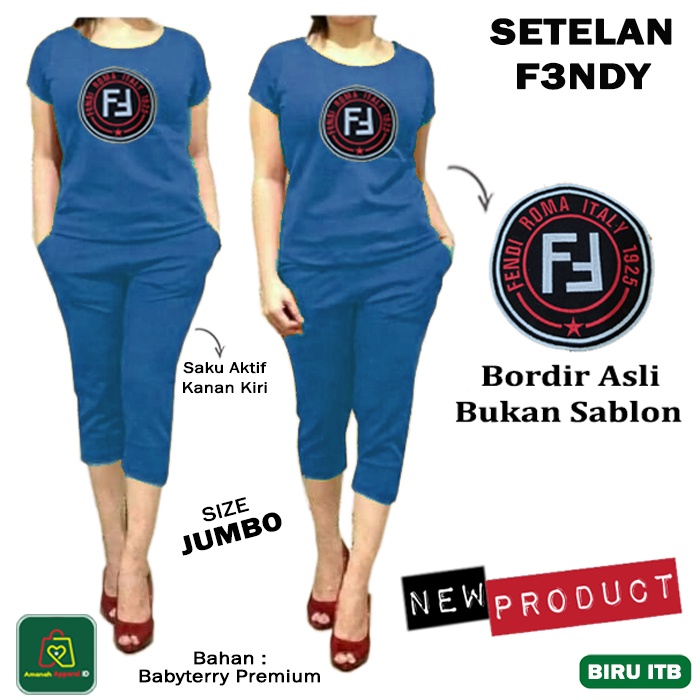 Setelan Kaos Hotpants Wanita F3NDY JUMBO Bordir Bahan Babyterry Premium Hot Pants 7/8 SIze XL - 09251