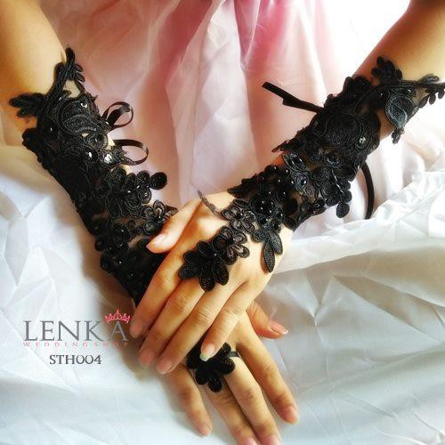 [PRODUK TERLARIS] AKSESORIS WEDDING PENGANTIN BRIDAL GLOVES HITAM BROKAT STH004