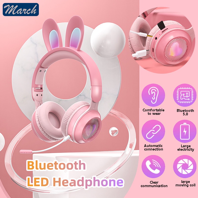 Wireless Headphone Bluetooth 5.0 Soft Earmuffs Macaron LED Lights Gaming Headphones with Mic RGB Surround Sound Stereo Bluetooth Headphone for Mobile Phone PS4 PS5 Xbox Headset with Microphone