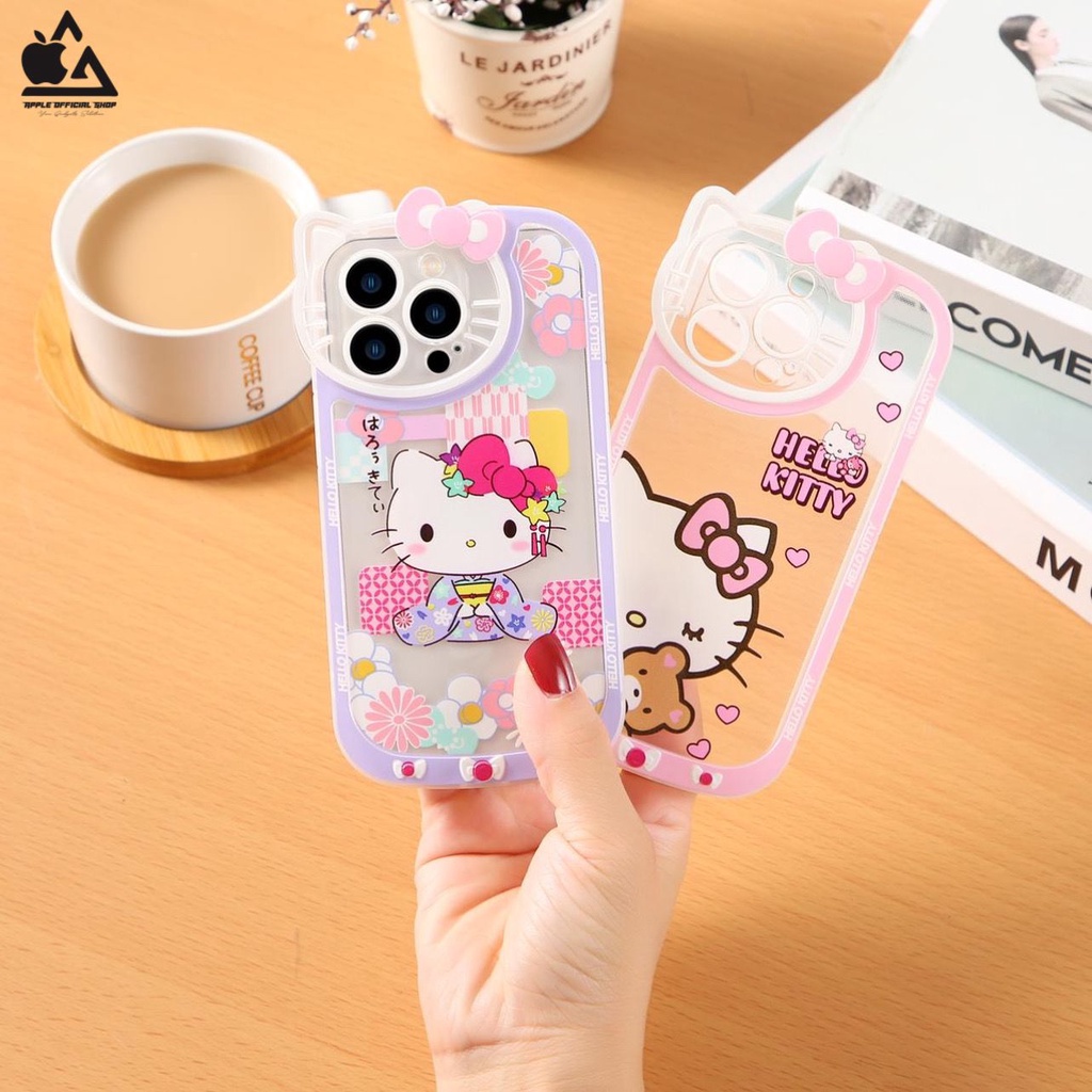 Softcase Lucu 3D HelloKitty iPhone 13 PRO MAX 12 PRO MAX 11 PRO MAX XR X XS MAX 7 7+ 8 8+ SE 2 3 6 6+ Soft Clear Case Korean Hello Kitty Ribbon Bening SILIKON MEWAH Camera Kamera Protection