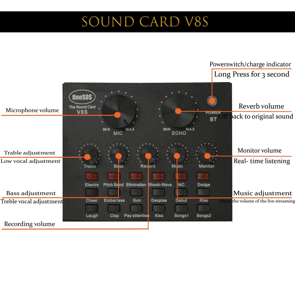 OneSOS Sound Card V8S | Sound Card V8S Plus Mixer SoundCard V8 MIXER Audio USB External Soundcard