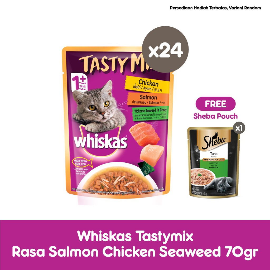WHISKAS® Tasty Mix Makanan Kucing Basah Pouch 70gr - Isi 24-Salmon Seaweed