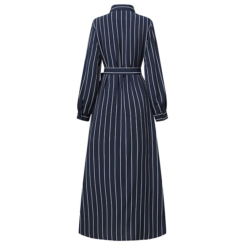 ZANZEA Women Long Sleeve Lapel Collar Belted Striped Muslim Long Dress