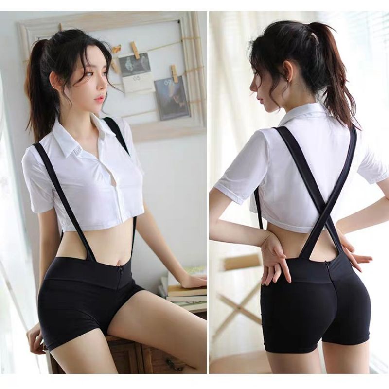 Kostum Seragam Sekolah Cosplay Jumpsuit Hotpants Bib Suspender Set Crop Top