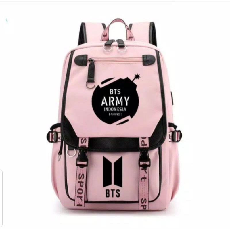 TAS RANSEL BACKPACK BTS + BOTOL MINUM BT21 ARMY CEWEK PEREMPUAN KADO HADIAH PINK HITAM BESAR TAS LAPTOP