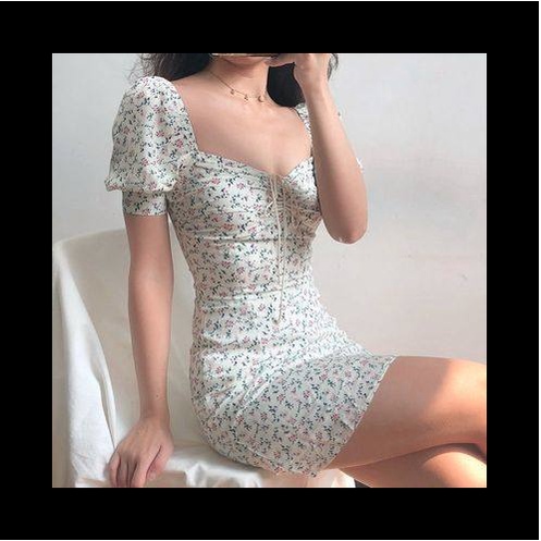 Floral Ruched Bust Mini Dress White or Purple - Dress Casual Kasual / Diasy Dress Bunga Putih Ungu/ 