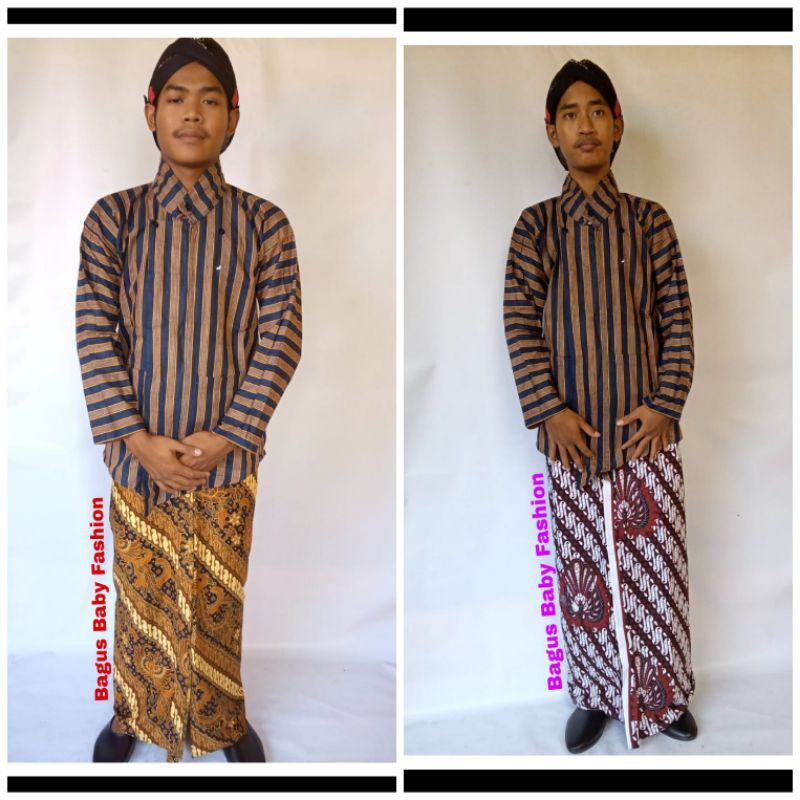 Baju Surjan Lurik Dewasa Warna Hitam Set Jarik Blangkon Adat Jawa