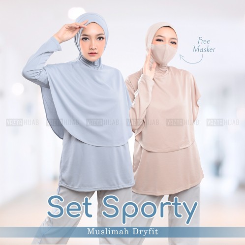 One Set Sporty Muslimah Dryfit / Baju + Hijab + Free Masker Outer Sport Set Hijab Panjang Olahraga P