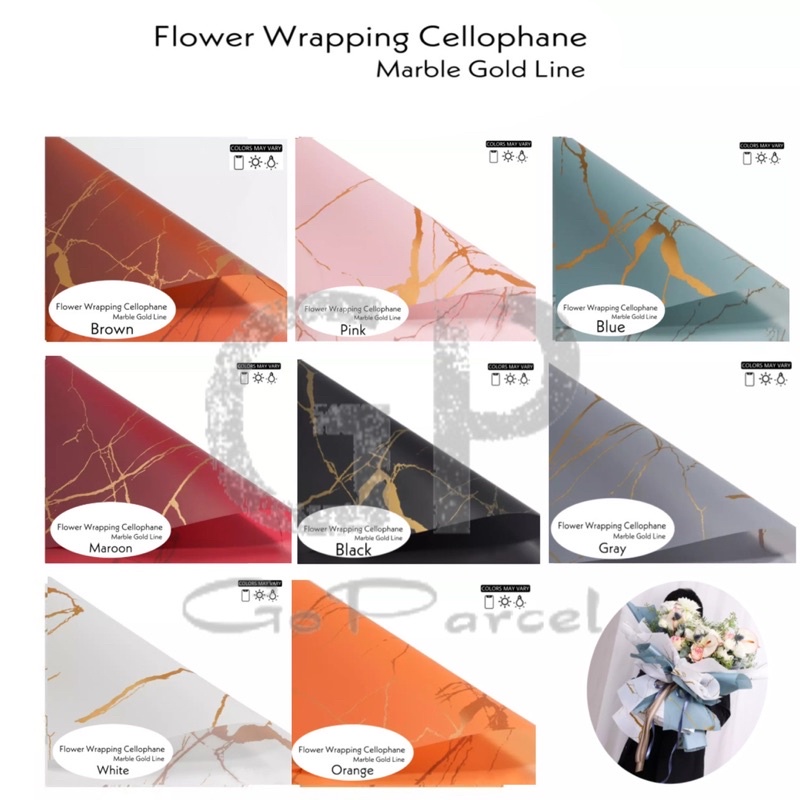 ( 5 Lembar ) MARBLE GOLD LINE - FLOWER WRAPPING KOREAN CELLOPHANE WATERPROOF - KERTAS KARANGAN BUNGA LIS LINE GARIS EMAS