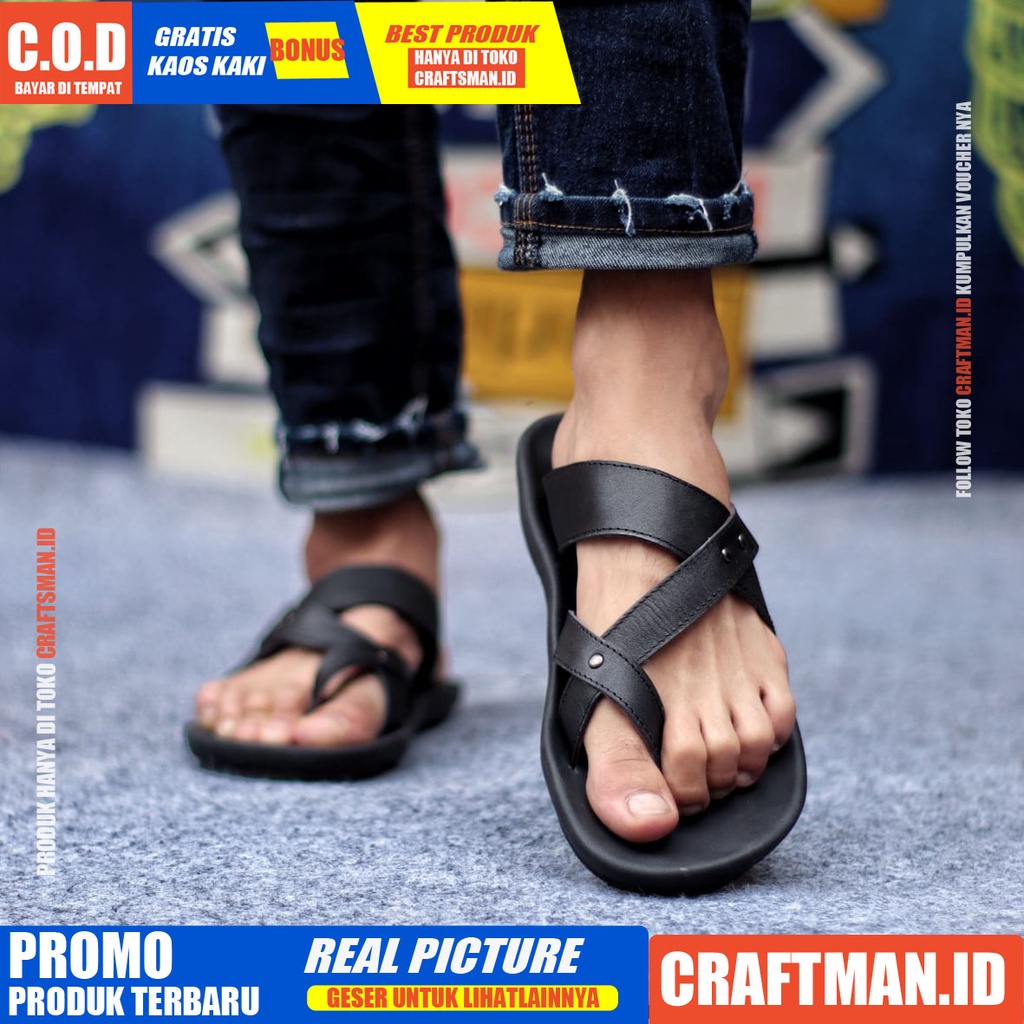 CRAFTS WIROS SANDAL KULIT PRIA BLACK BROWN SENDAL CASUAL JEPIT PRIA