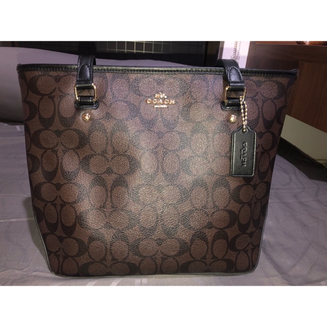 coach tote zip black brown medium ori original preloved second tas bag