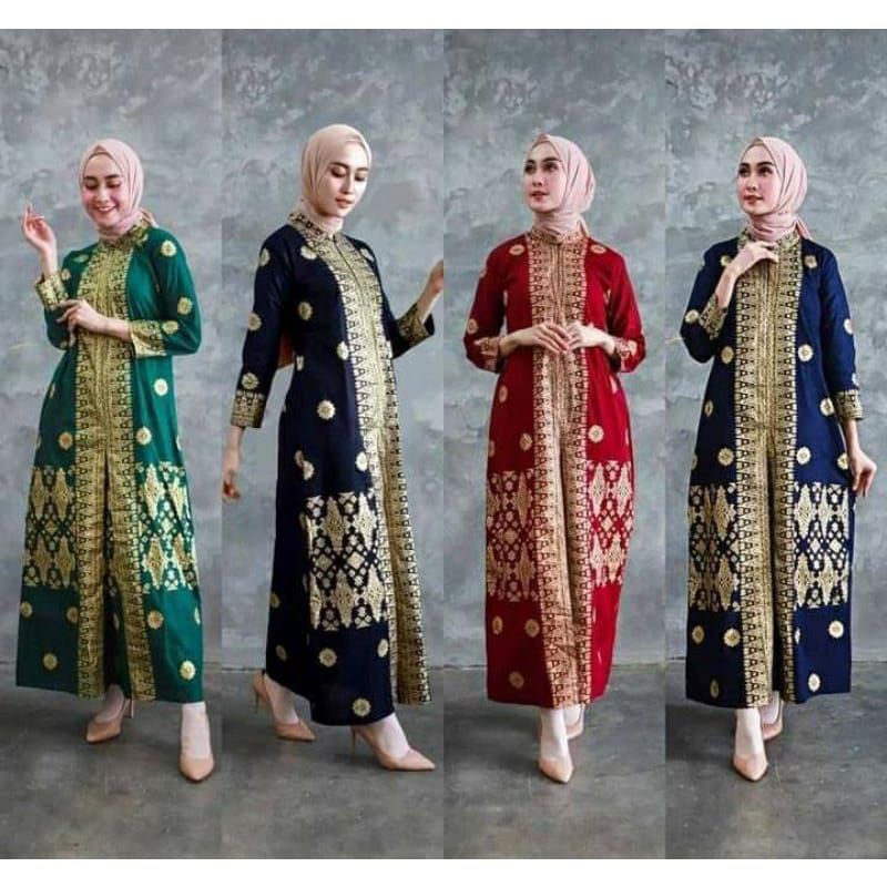 GAMIS BATIK SONGKET PALEMBANG KOMBINASI MAROON HITAM DRESS WANITA MUSLIM KONDANGAN KEBAYA MODERN KUR