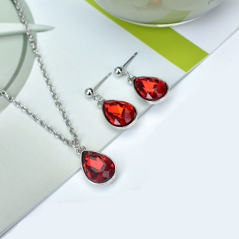 Set Anting Dan Kalung Choker Bentuk Tetesan Air Geometris Aksen Kristal Warna Merah Biru Untuk Wanita