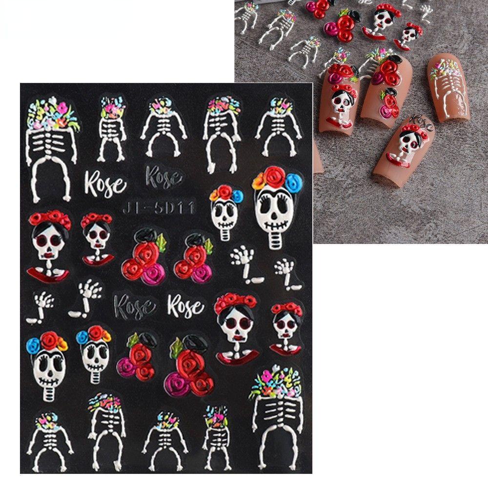 Needway   Kuku Timbul Stiker DIY Darah Horror Mata Mawar Hantu Tulang Kuku Salon Halloween Manicuring Sticker