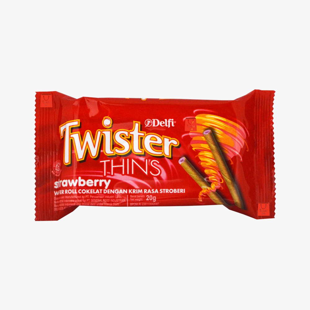 

Delfi Twister Thins Strawberry Wafer Roll Coklat dengan Krim Stroberi Eceran - 20gr