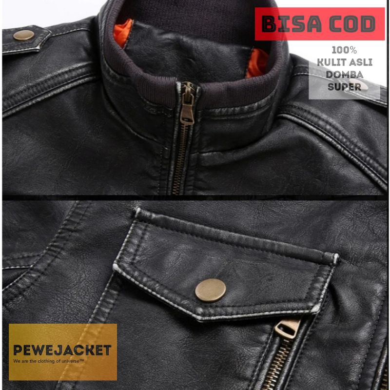 JAKET PRIA KULIT ASLI DOMBA SUPER/JAKET PRIA KULIT ASLI MODEL BOMBER KERAH WARNA COKLAT TAN