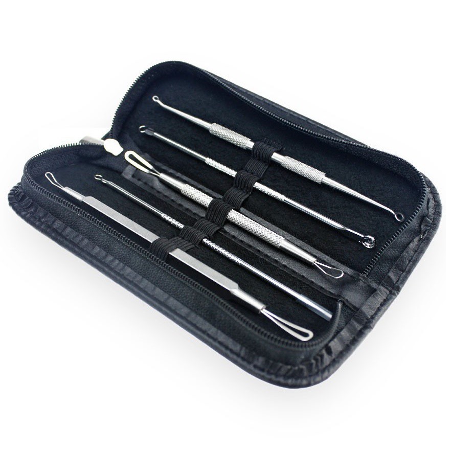 5Pcs Set Alat Pencabut Pembersih Jerawat / Komedo Stainless Steel Pinset