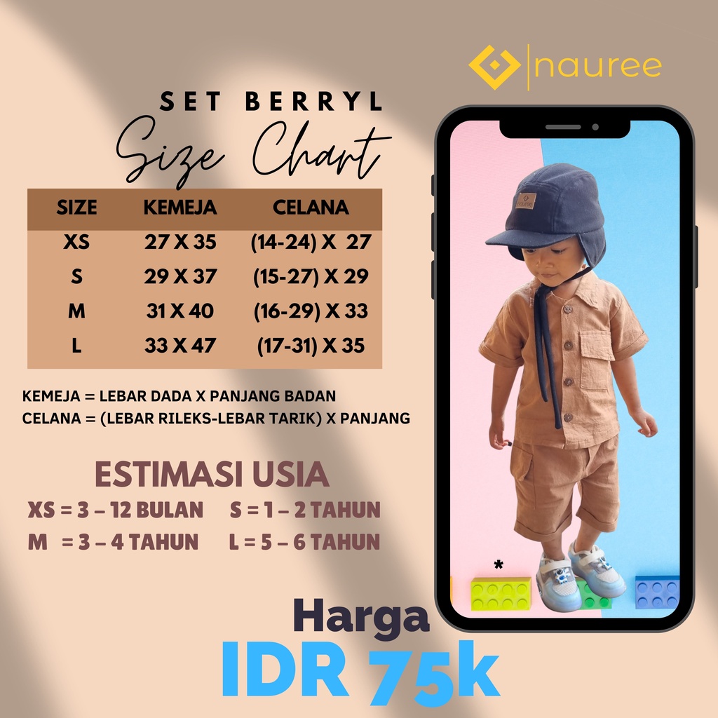 Nauree - Setelan Kemeja Berryl Celana Pendek Selutut Untuk Umur 3 Bulan 1 2 4 5 6 Tahun Bahan Katun Linen Tampil Modis Stylish Nyaman Tersedia Kantong dan Saku Tebal Kualitas Premium