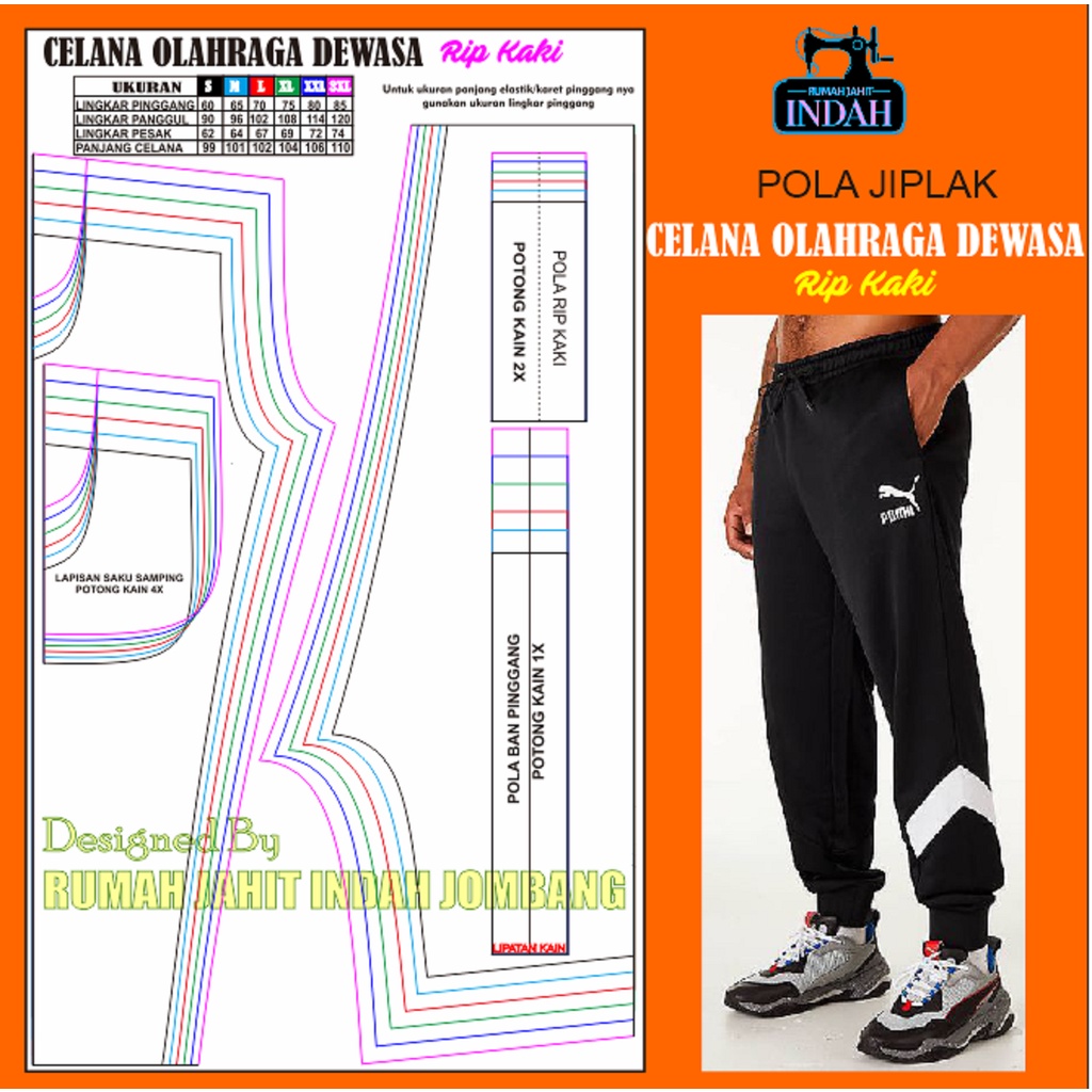 Pola jiplak pola celana pola jahit pola CELANA OLAHRAGA DEWASA size S-3XL