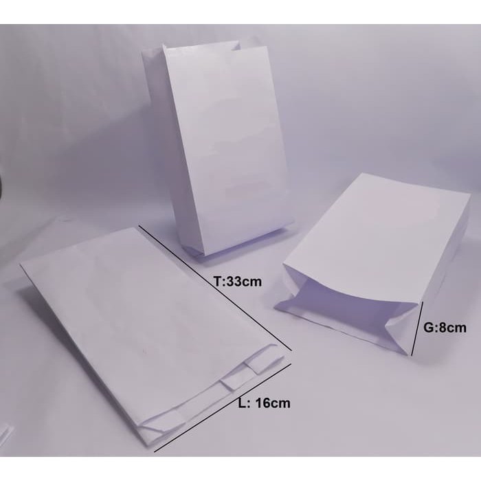 

Paperbag Kantong Tahan Air dan Minyak Putih Polos. 16x8x33cm (XL)