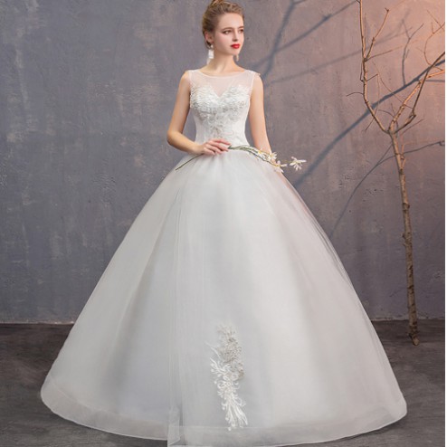 Gaun Pengantin Renda Putih Elegan Ball Gown Tanpa Lengan