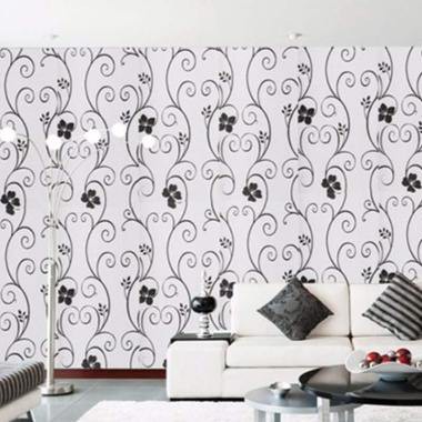 Wallpaper dinding ruangan kamar termurah motif bunga daun hitam putih panjang 10M x Lebar 45cm