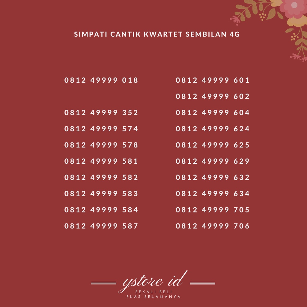 Kwartet 9999 | NOMOR CANTIK SIMPATI KWARTET SEMBILAN RAPI KARTU PERDANA TELKOMSEL 4G NOMER SERI 9999
