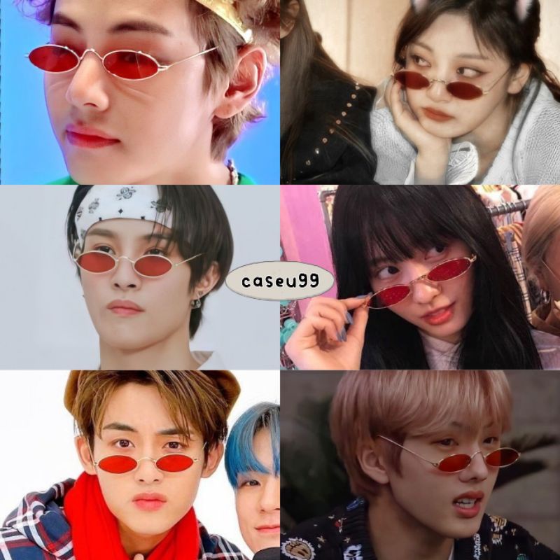 kacamata Harajuku oval tipis pipih merah gold frame besi Alloy metal// sunglasses v Taehyung BTS ningning Karina aespa momo winwin JiSung nct wayv