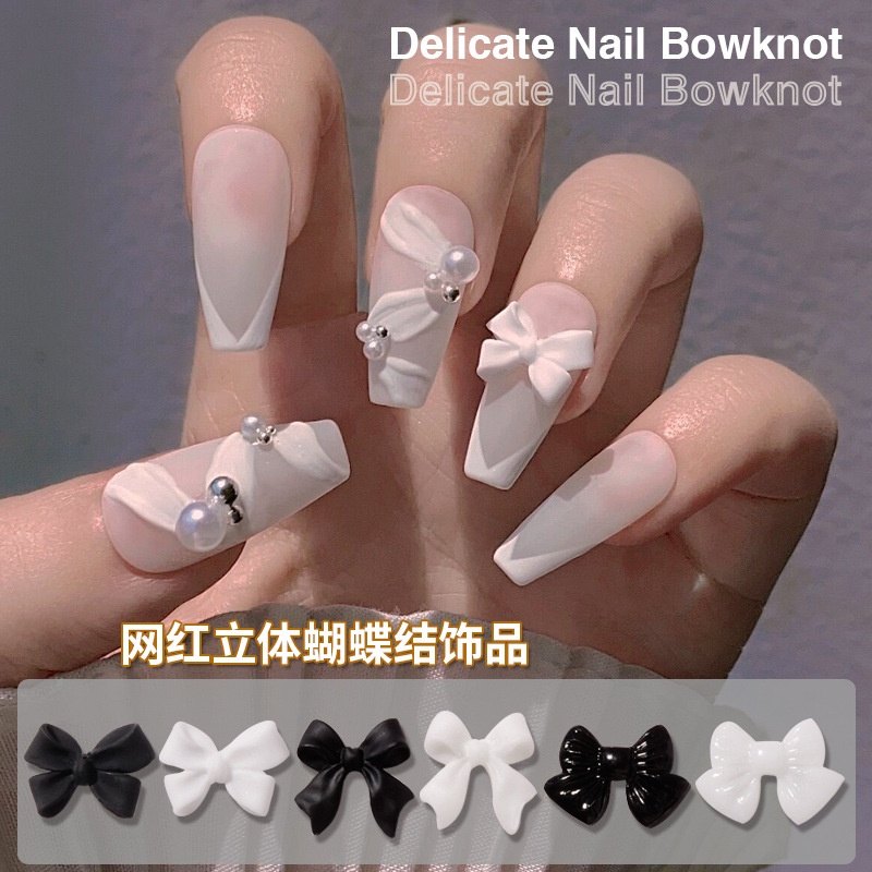 50pcs / Kantong Pita 3D Bahan Resin Warna Hitam Putih Untuk Nail Art