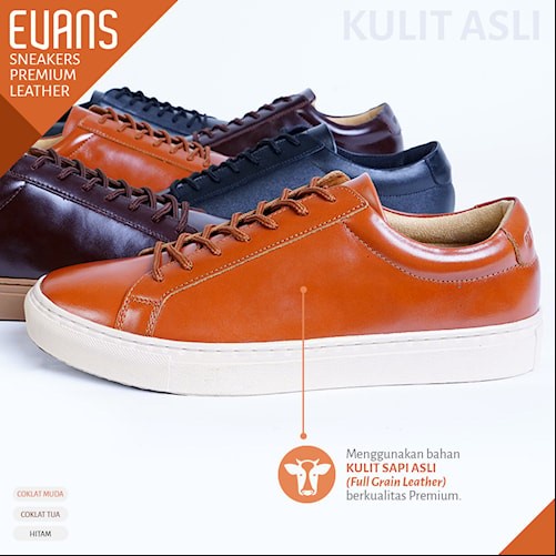 Sepatu Kulit Pria Asli Sepatu Sneaker Kulit Sapi Asli Sepatu Sneakers Kulit Pria Kasual Casual Evans Leather Shoes SP03 Jahitan Rapi Bahan Kulit Sapi Premium Garansi Original