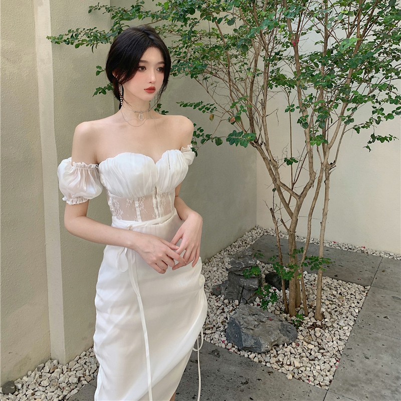 Suhao Gaun Musim Panas Desain Kematangan Cahaya Perancis Baru String Straight Shoulder Bubble Sleeve Gaya Chiffon Dress Wanita Listen