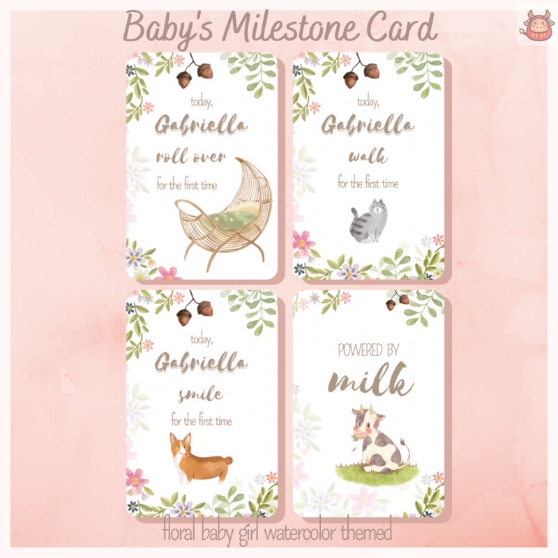 Baby milestone card baby girl premium watercolor floral theme free custom name