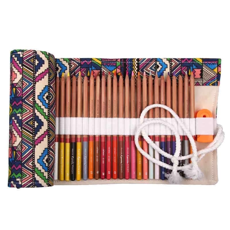 Alat Tulis Sekolah Pouch Makeup Gulung / Tempat Pensil Kekinian 38 Lubang Model Lipat Gulung Bahan Kanvas Motif Abstrak