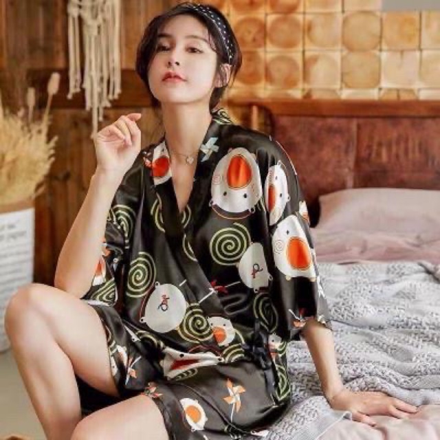 PROMO JC- Set Kimono Satin Piggy Cutie Black Hp / Piyama wanita import / piyama kimono import