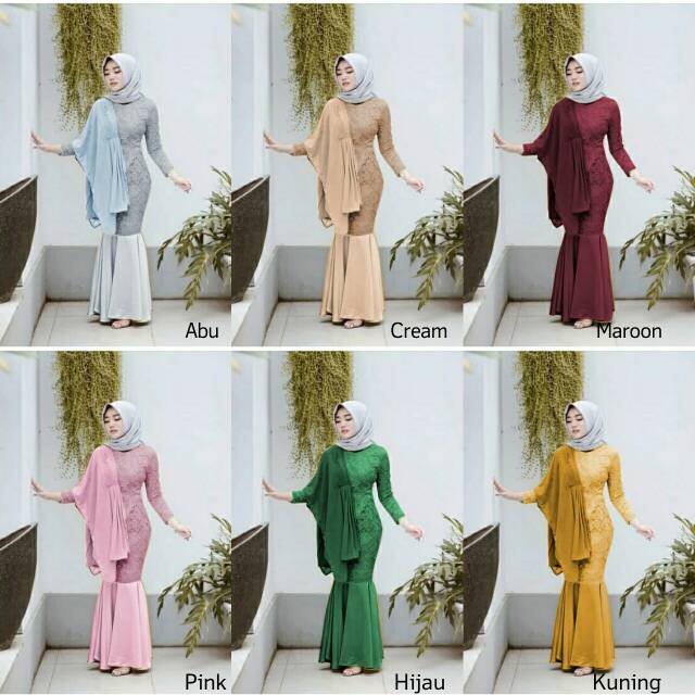 Maxi Dress Brukat Mermaid Duyung Mewah Fashion Muslim Dress Pesta Lengan Panjang Dress Brokat Murah