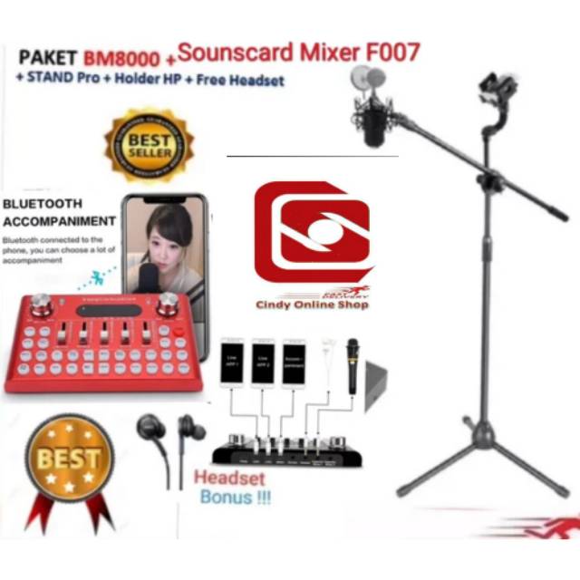 PAKET Condesnser Bm8000 Stand Tinggi F007 SoundCard Audio Mixer Mac Live Broadcast Karaoke WeSing