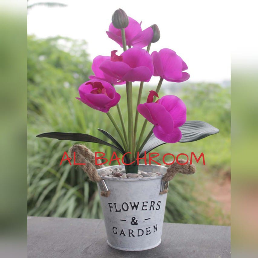 RANGKAIAN BUNGA ANGGREK SEMI LATEX POT BESI FLOWERS GARDEN RB6025 DEKORASI RUMAH ELEGAN HIASAN MEJA TAMU