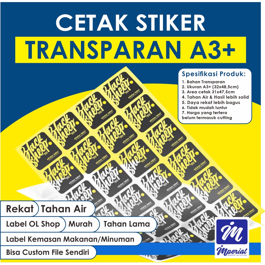 

Cetak Stiker Transparan A3+ Custom / Label Olshop / Kemasan Makanan / Minuman / Packaging / Tahan Lama / Kualitas Baik