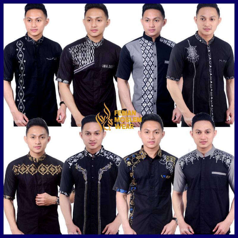 BAJU KOKO PRIA BORDIR LENGAN PENDEK HITAM MUSLIM TERMURAH
