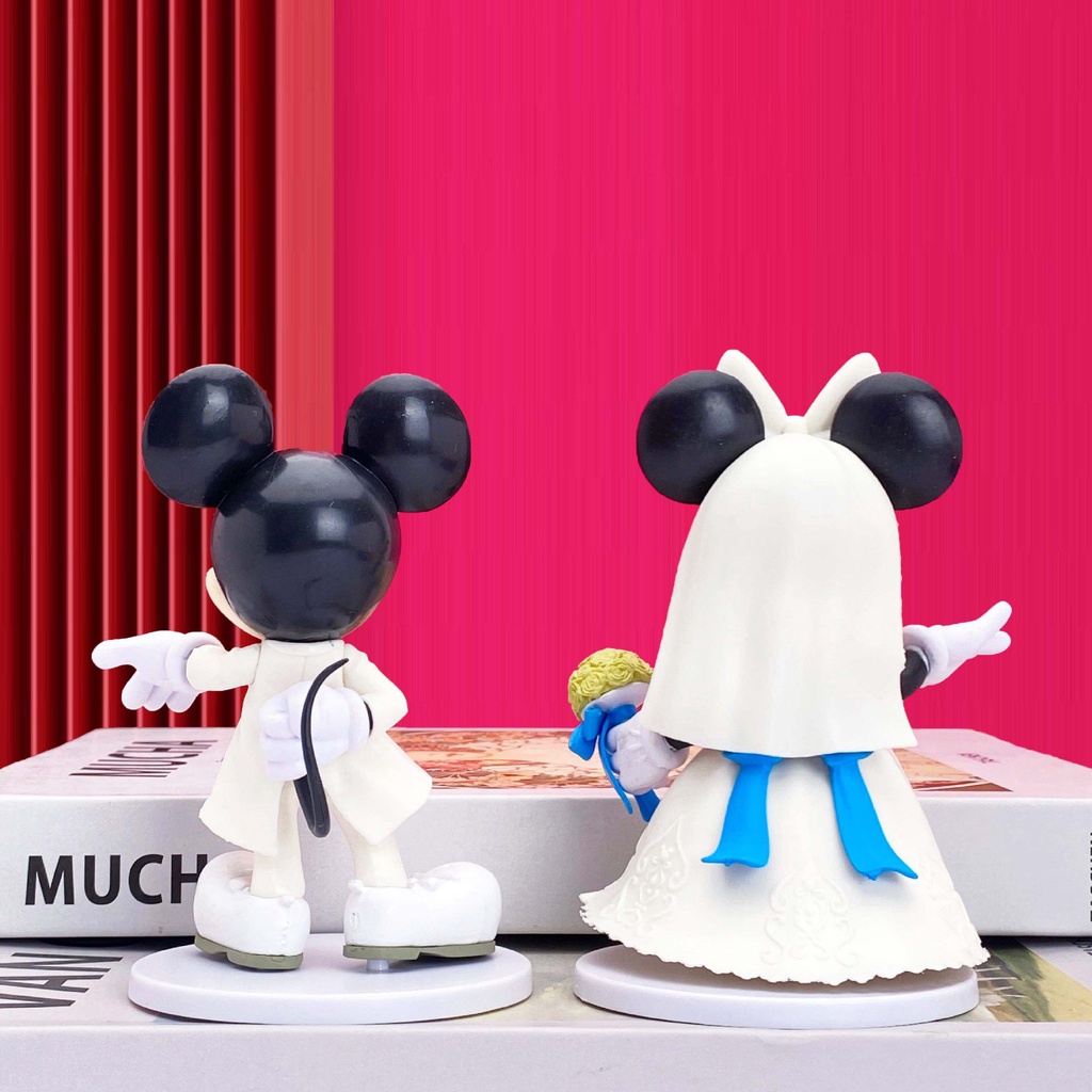 2pcs Disney Mickey Minnie White Wedding Dress Figure Doll Cake Topper Gift