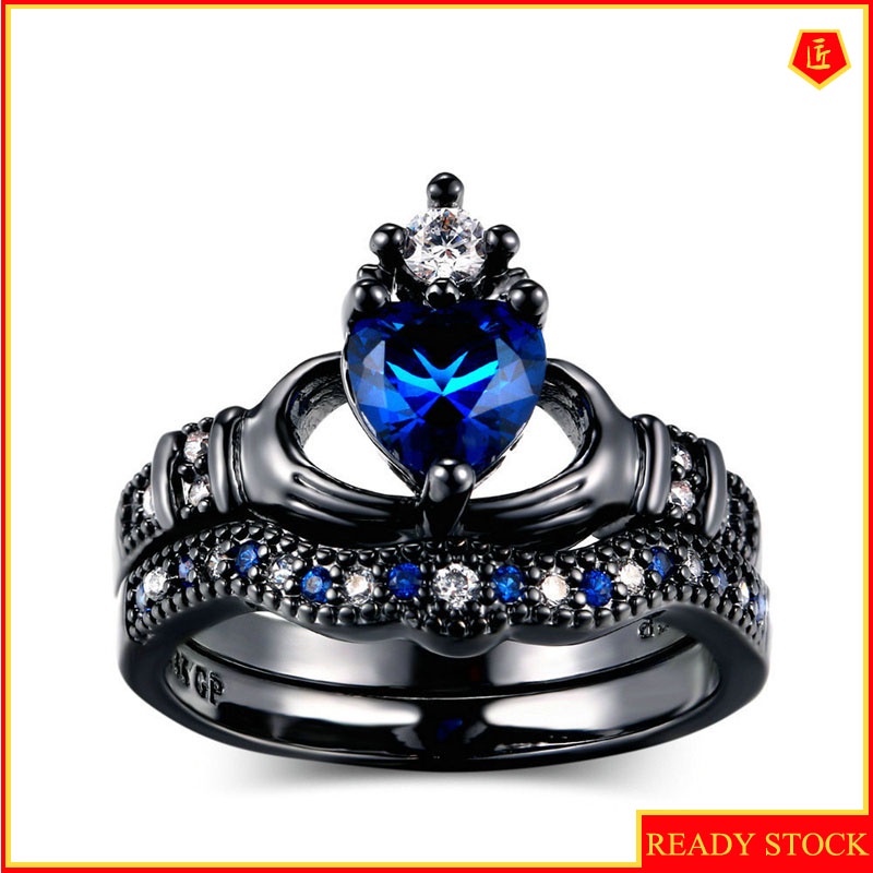 [Ready Stock]Double-Layer Ring Set Female Sapphire Heart-Shaped Crown Fashion Black Gold